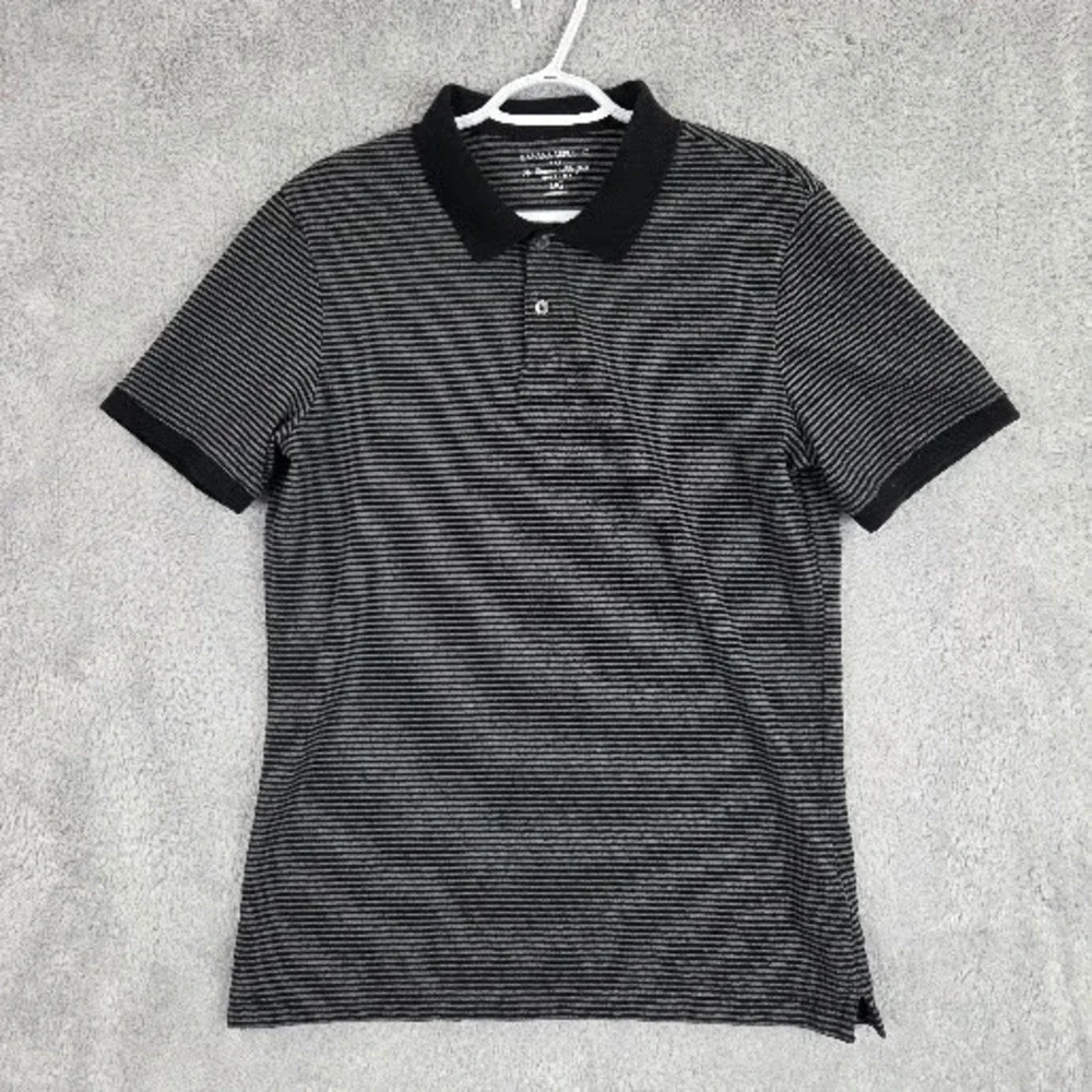 Banana Republic Polo Shirt Men's Large Gray Black‎ Striped Casual Cotton Classic